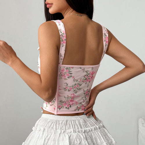 Cottagecore Floral Boned Lace-Up Bow Cami Top